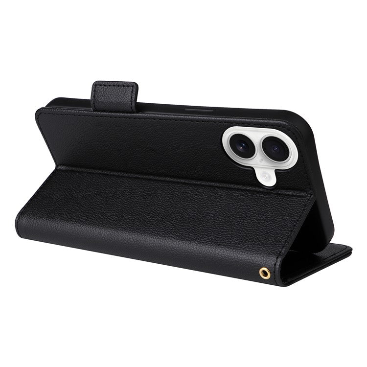For iPhone 16 Case Litchi Texture PU Leather Wallet Flip Phone Cover - Black