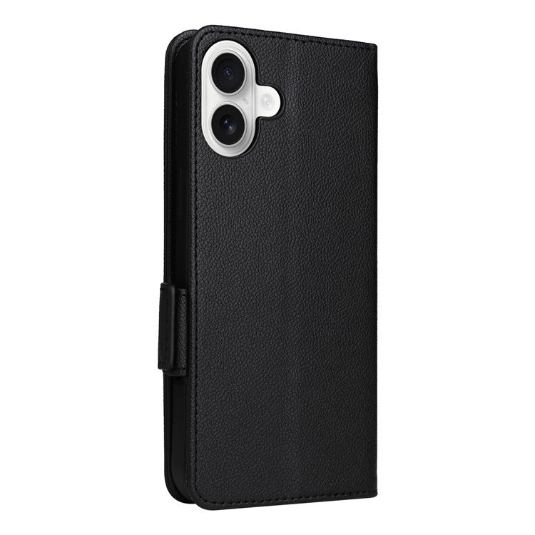For iPhone 16 Case Litchi Texture PU Leather Wallet Flip Phone Cover - Black