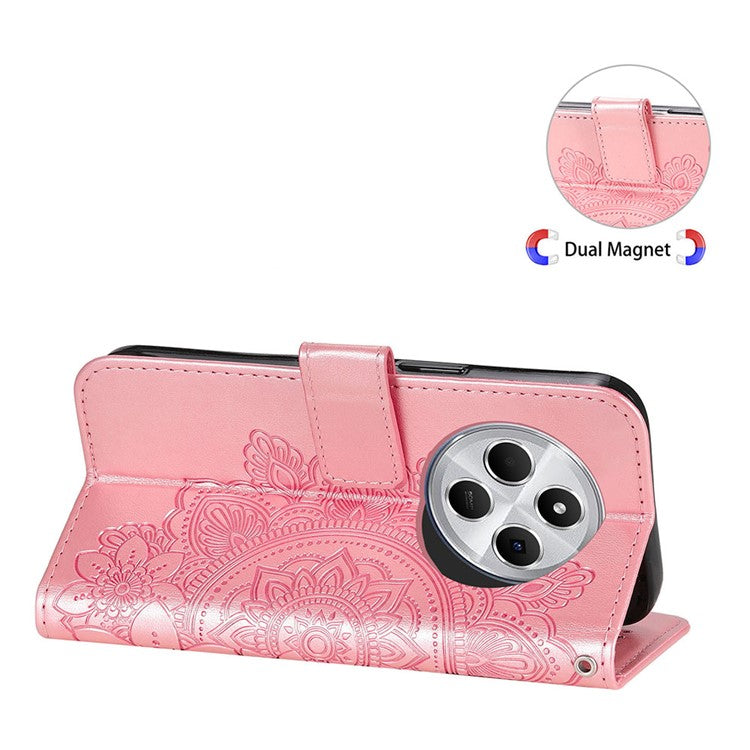 For Xiaomi Poco C75 4G / Redmi 14R 5G / 14C 4G Case PU Leather Wallet Floral Phone Cover Stand View - Pink
