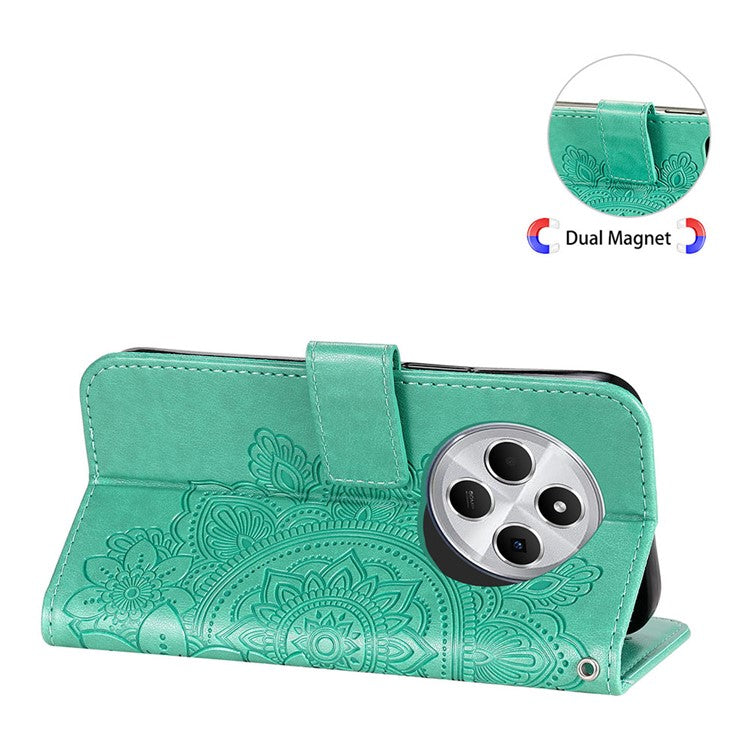 For Xiaomi Poco C75 4G / Redmi 14R 5G / 14C 4G Case PU Leather Wallet Floral Phone Cover Stand View - Green