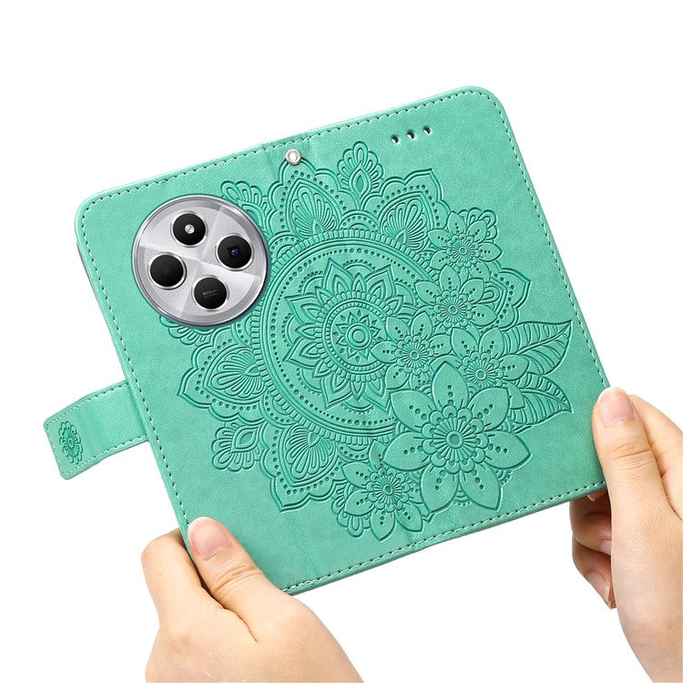 For Xiaomi Poco C75 4G / Redmi 14R 5G / 14C 4G Case PU Leather Wallet Floral Phone Cover Stand View - Green