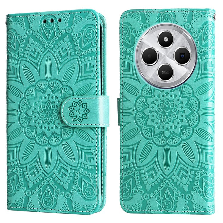 For Xiaomi Poco C75 4G / Redmi 14R 5G / 14C 4G Case Sunflower Imprint Leather Wallet Phone Cover - Green