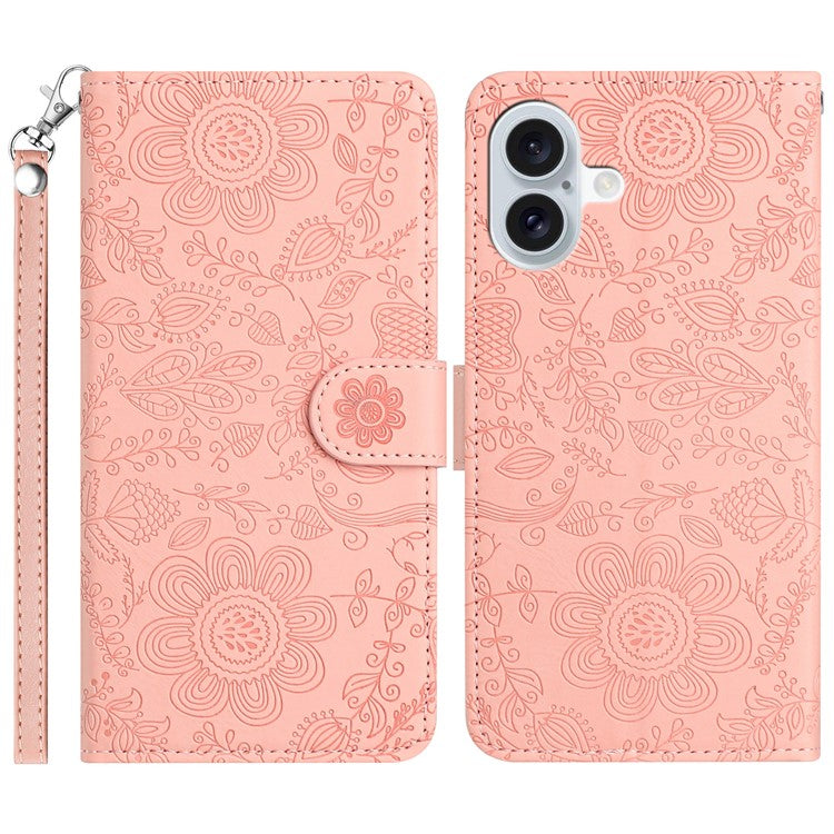 For iPhone 16 Plus Case Flower Imprint Leather Flip Wallet Phone Cover with Wrist Strap - Pink