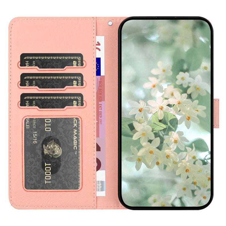 For iPhone 16 Plus Case Flower Imprint Leather Flip Wallet Phone Cover with Wrist Strap - Pink