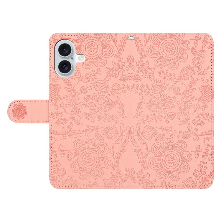 For iPhone 16 Plus Case Flower Imprint Leather Flip Wallet Phone Cover with Wrist Strap - Pink