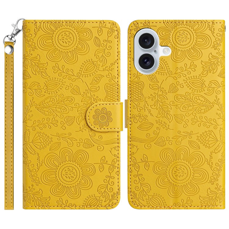 For iPhone 16 Plus Case Flower Imprint Leather Flip Wallet Phone Cover with Wrist Strap - Yellow