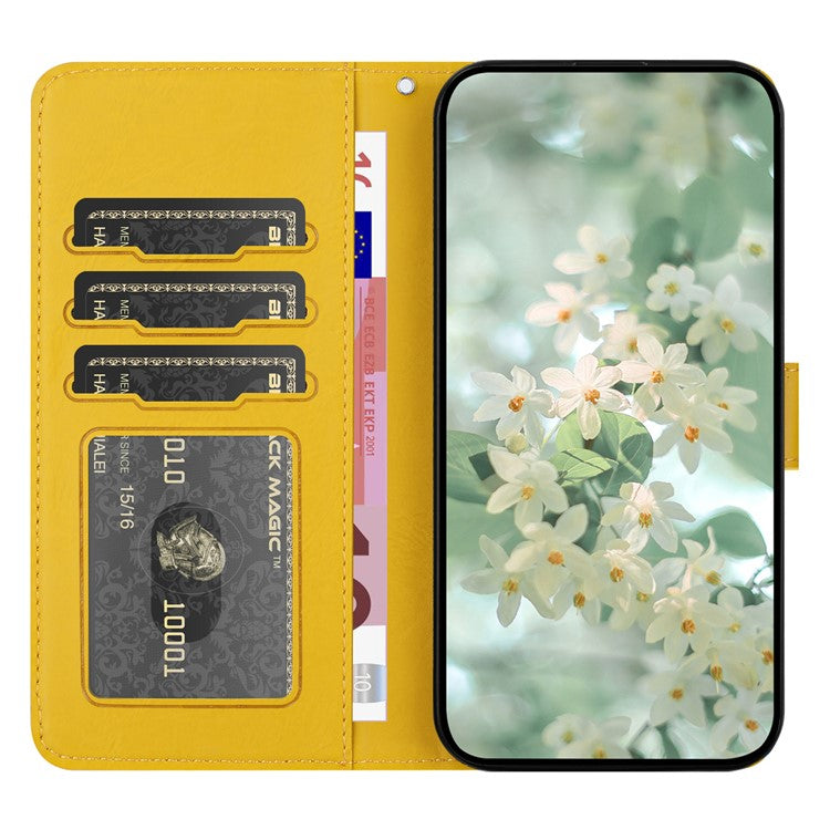 For iPhone 16 Plus Case Flower Imprint Leather Flip Wallet Phone Cover with Wrist Strap - Yellow