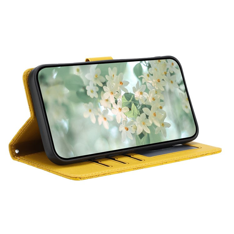 For iPhone 16 Plus Case Flower Imprint Leather Flip Wallet Phone Cover with Wrist Strap - Yellow