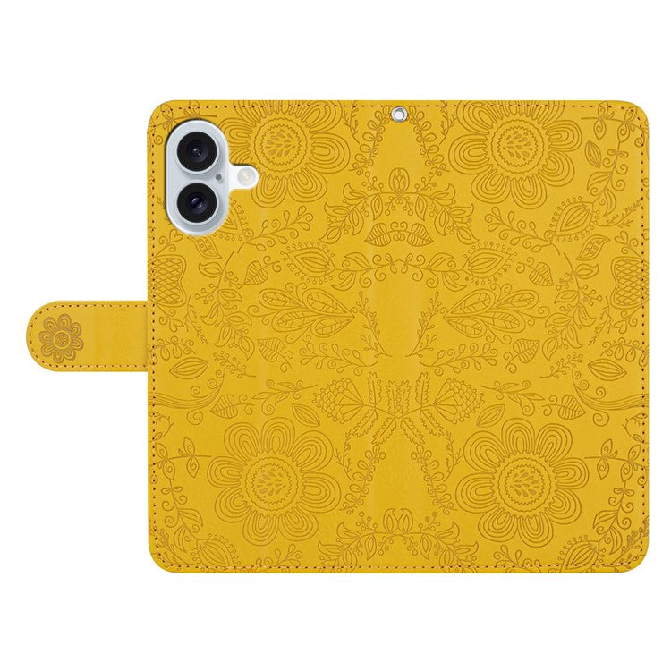For iPhone 16 Plus Case Flower Imprint Leather Flip Wallet Phone Cover with Wrist Strap - Yellow