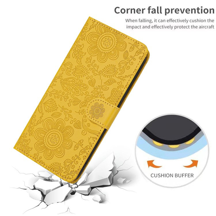 For iPhone 16 Plus Case Flower Imprint Leather Flip Wallet Phone Cover with Wrist Strap - Yellow