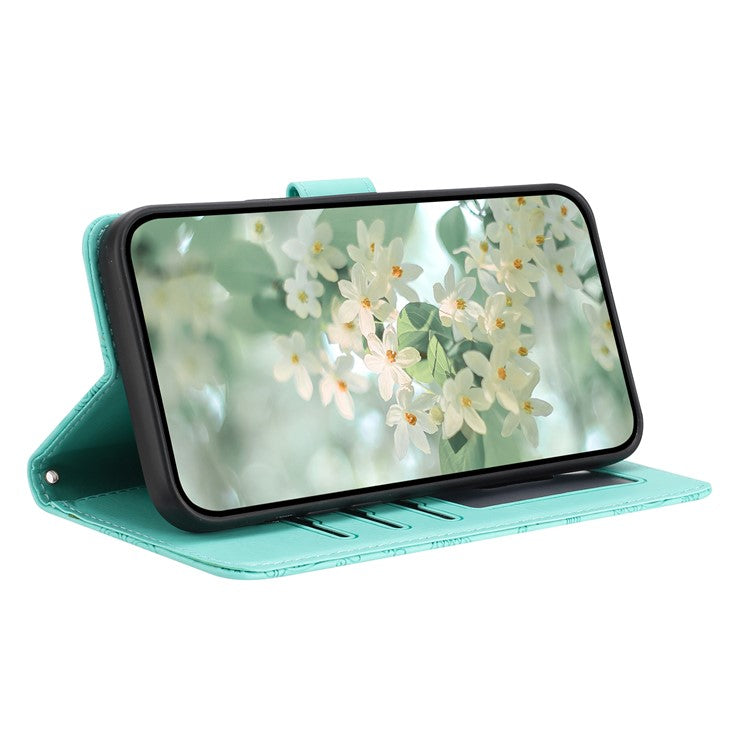 For iPhone 16 Case Flower Imprint Leather Flip Wallet Phone Cover with Wrist Strap - Light Green