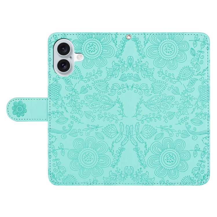 For iPhone 16 Case Flower Imprint Leather Flip Wallet Phone Cover with Wrist Strap - Light Green