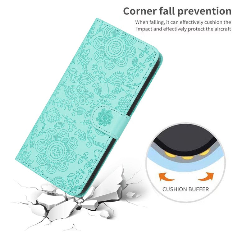 For iPhone 16 Case Flower Imprint Leather Flip Wallet Phone Cover with Wrist Strap - Light Green