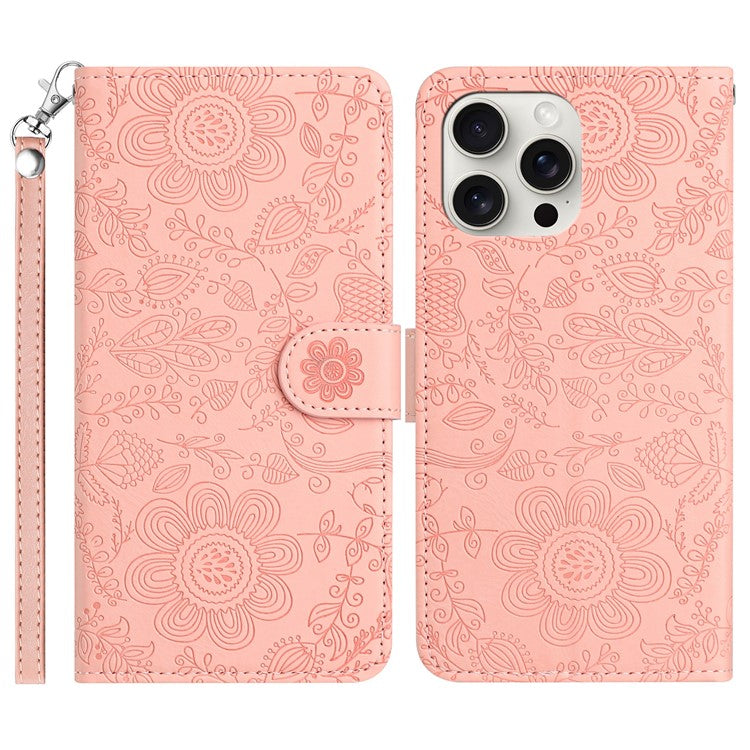 For iPhone 16 Pro Case Flower Imprint Leather Flip Wallet Phone Cover with Wrist Strap - Pink