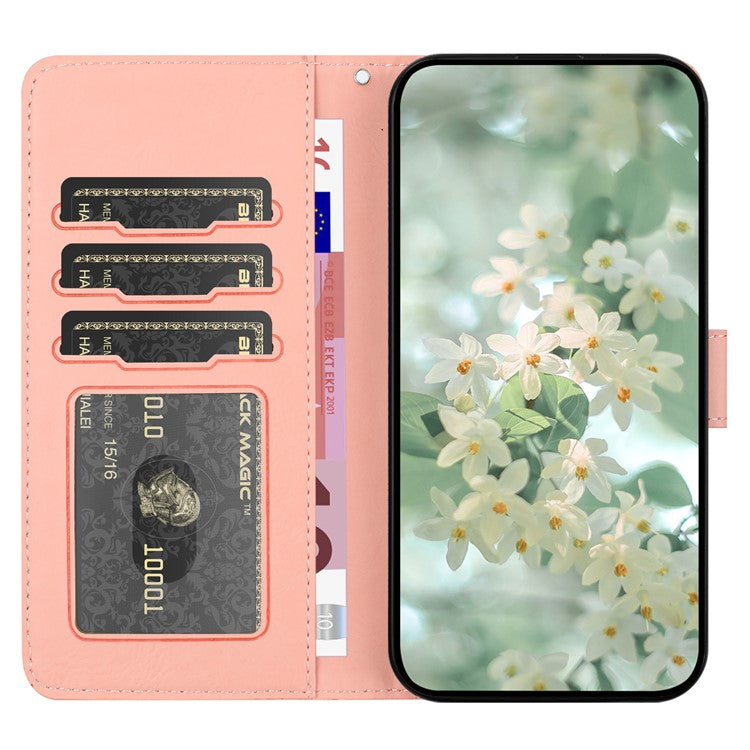 For iPhone 16 Pro Case Flower Imprint Leather Flip Wallet Phone Cover with Wrist Strap - Pink