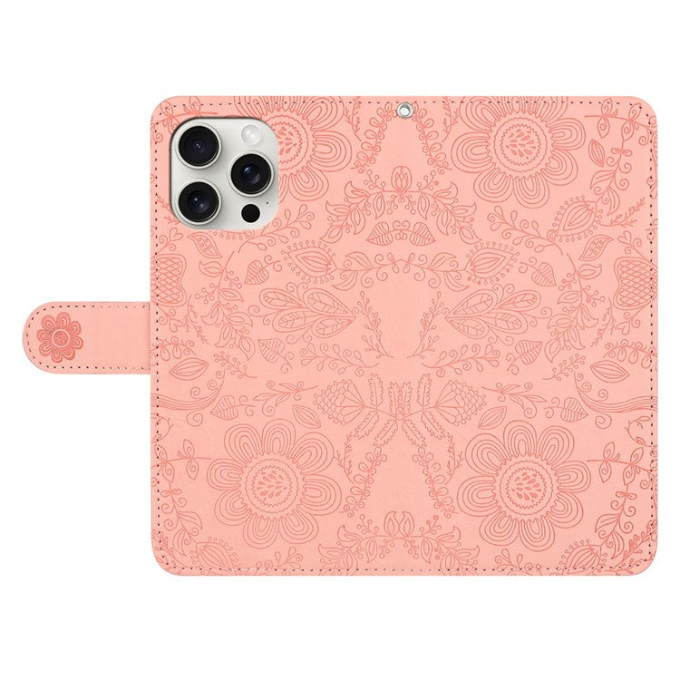 For iPhone 16 Pro Case Flower Imprint Leather Flip Wallet Phone Cover with Wrist Strap - Pink