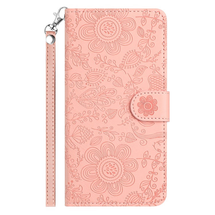 For iPhone 16 Pro Case Flower Imprint Leather Flip Wallet Phone Cover with Wrist Strap - Pink