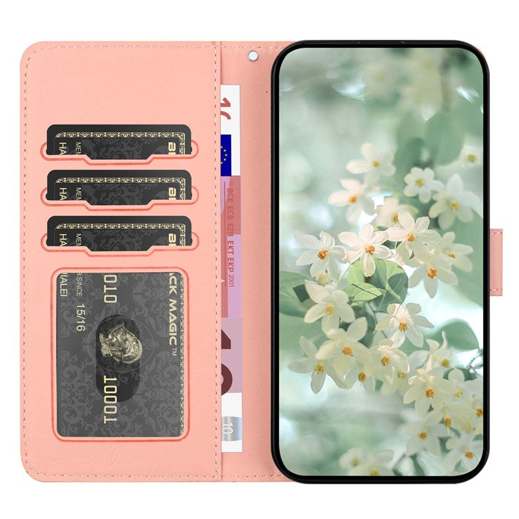 For iPhone 16e Case Flower Imprint Leather Flip Wallet Phone Cover with Wrist Strap - Pink