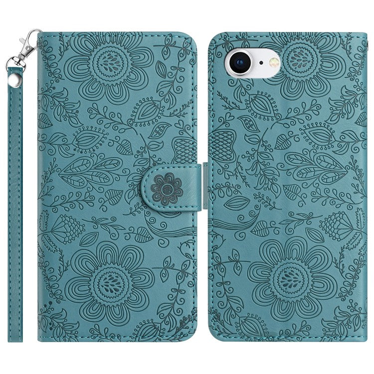 For iPhone 16e Case Flower Imprint Leather Flip Wallet Phone Cover with Wrist Strap - Blackish Green
