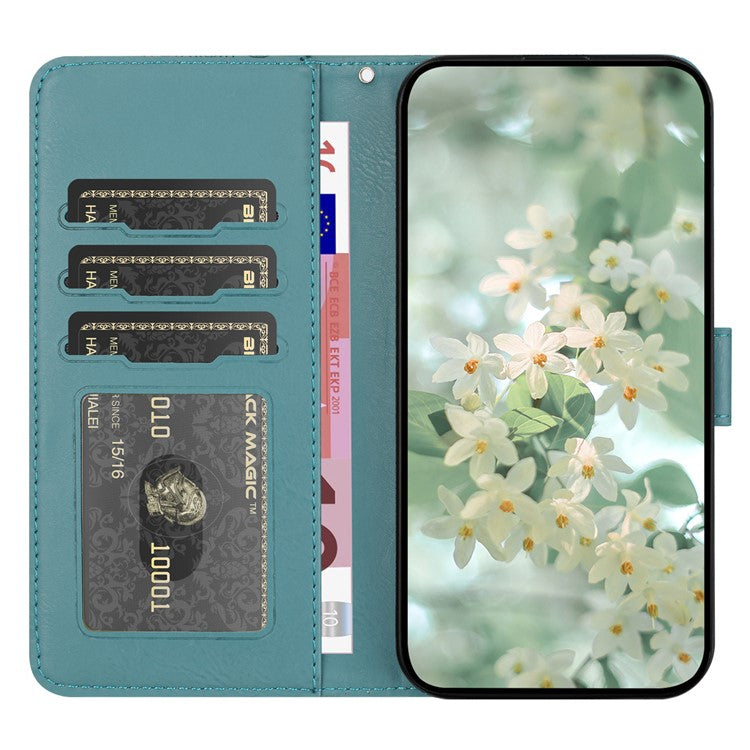 For iPhone 16e Case Flower Imprint Leather Flip Wallet Phone Cover with Wrist Strap - Blackish Green