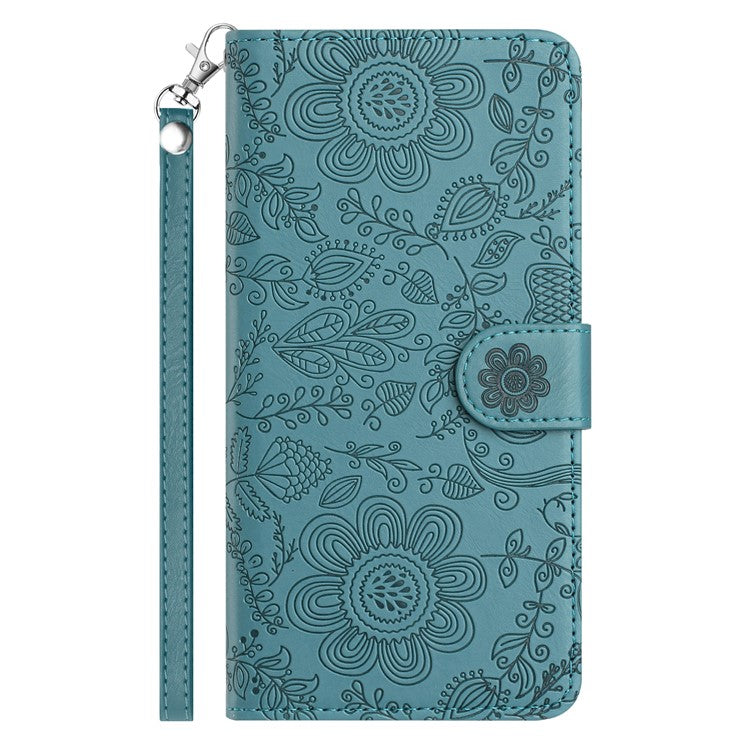 For iPhone 16e Case Flower Imprint Leather Flip Wallet Phone Cover with Wrist Strap - Blackish Green