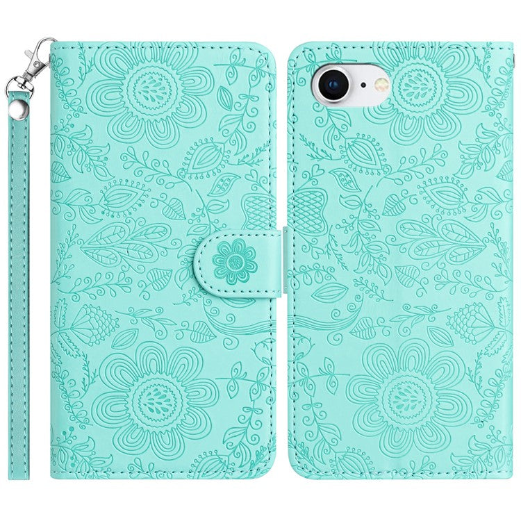 For iPhone 16e Case Flower Imprint Leather Flip Wallet Phone Cover with Wrist Strap - Light Green