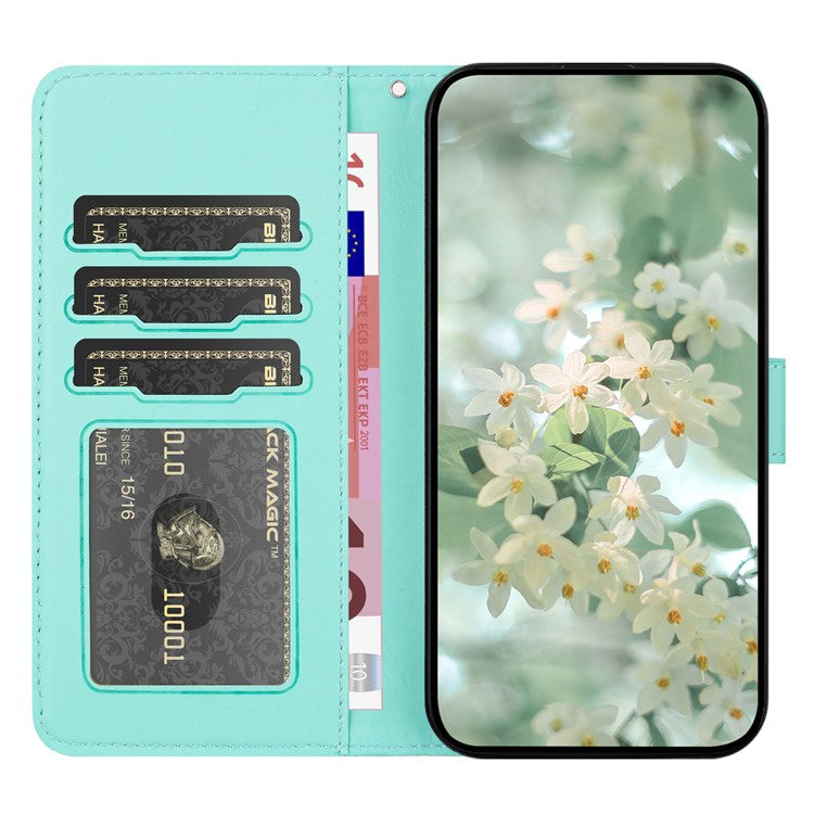 For iPhone 16e Case Flower Imprint Leather Flip Wallet Phone Cover with Wrist Strap - Light Green