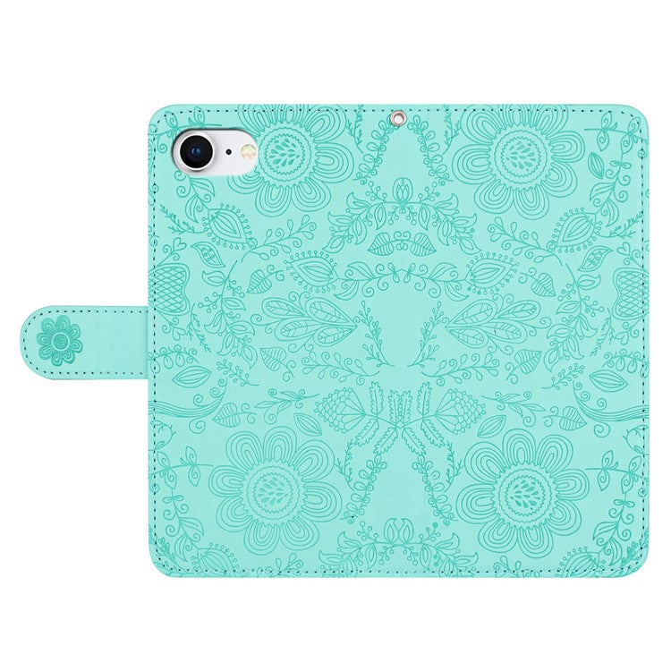 For iPhone 16e Case Flower Imprint Leather Flip Wallet Phone Cover with Wrist Strap - Light Green