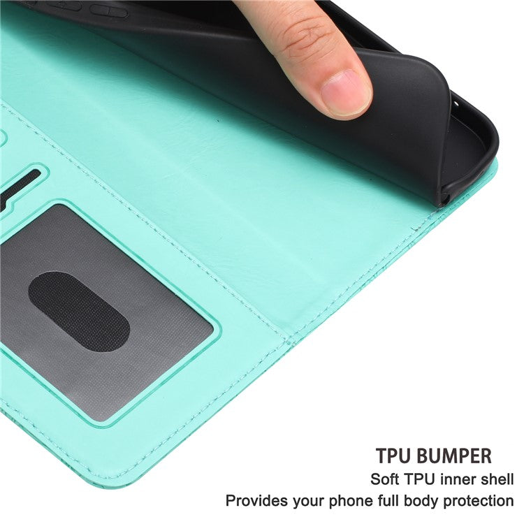 For iPhone 16e Case Flower Imprint Leather Flip Wallet Phone Cover with Wrist Strap - Light Green
