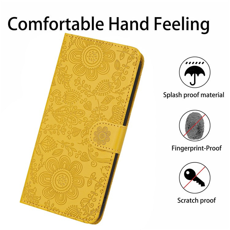 For Samsung Galaxy S24 FE Case Flower Imprint Leather Flip Wallet Phone Cover with Wrist Strap - Yellow