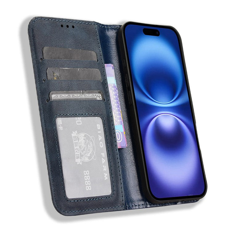 For iPhone 16 Plus Leather Case Wallet Stand Retro Texture Phone Cover - Blue