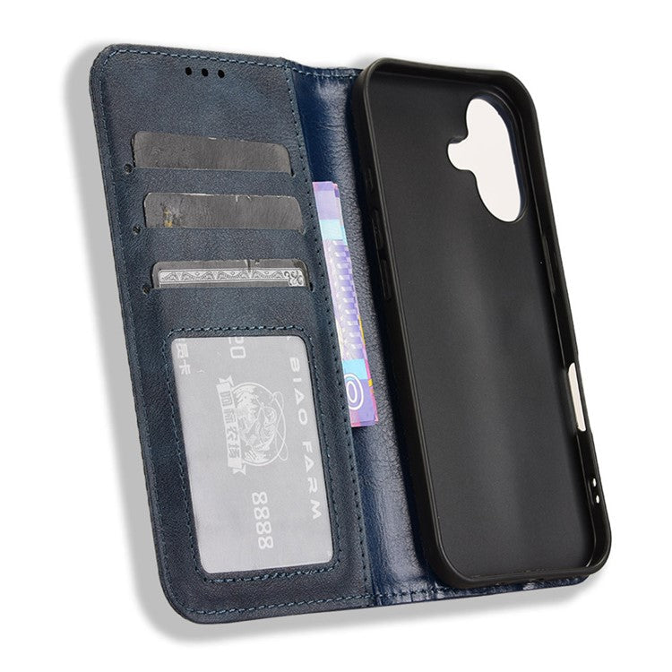 For iPhone 16 Plus Leather Case Wallet Stand Retro Texture Phone Cover - Blue