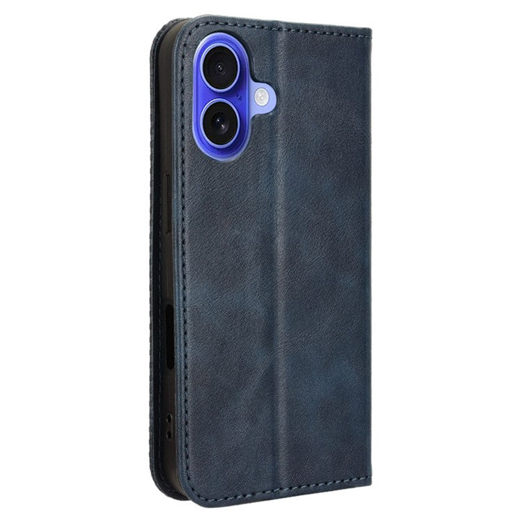 For iPhone 16 Plus Leather Case Wallet Stand Retro Texture Phone Cover - Blue