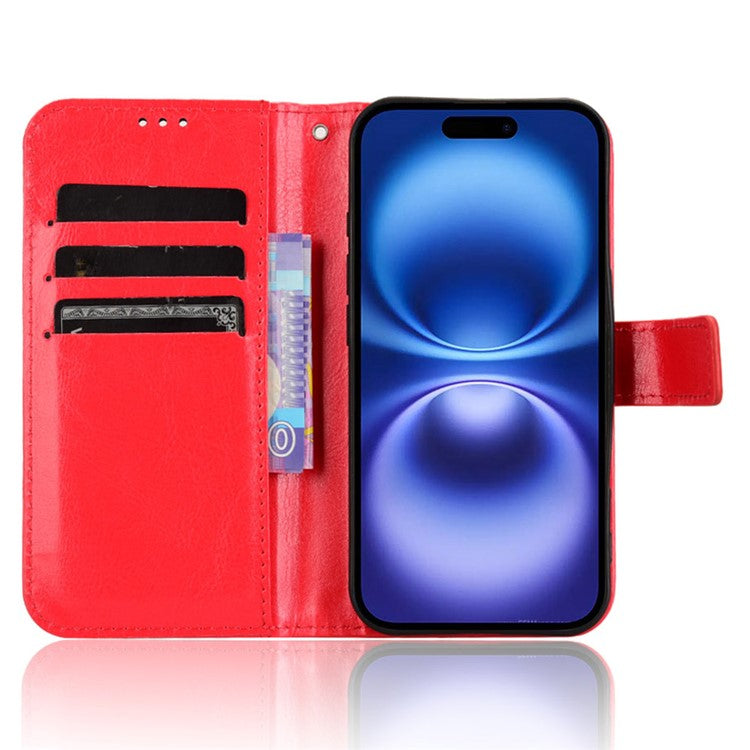 For iPhone 16 Case Crazy Horse Texture PU Leather Phone Wallet Cover - Red