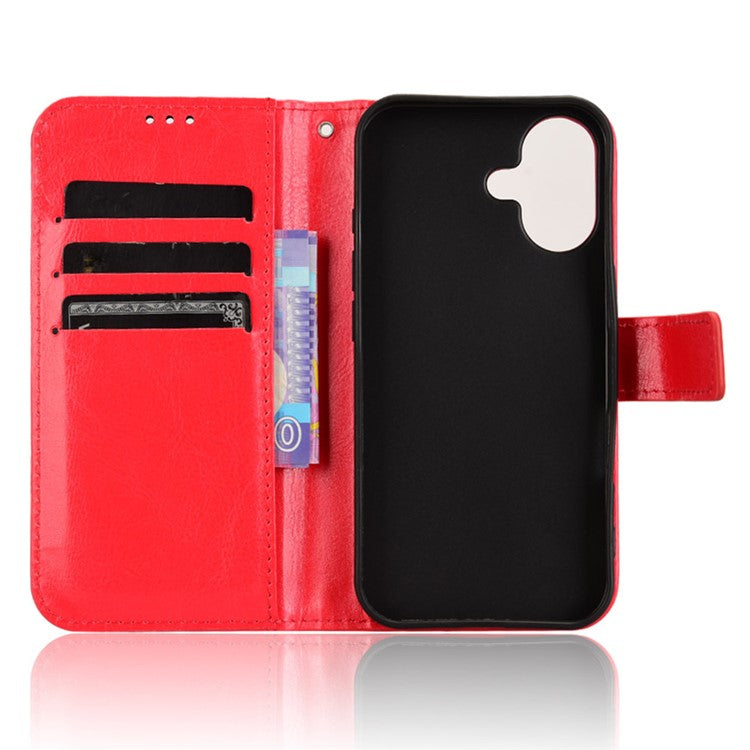 For iPhone 16 Case Crazy Horse Texture PU Leather Phone Wallet Cover - Red