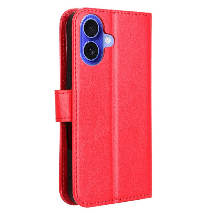 For iPhone 16 Case Crazy Horse Texture PU Leather Phone Wallet Cover - Red