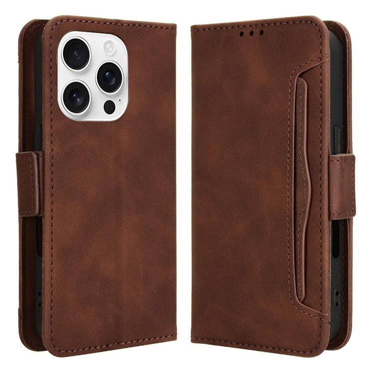 For iPhone 16 Pro Leather Case Phone Wallet Cover with Multiple Card Slots - Brown