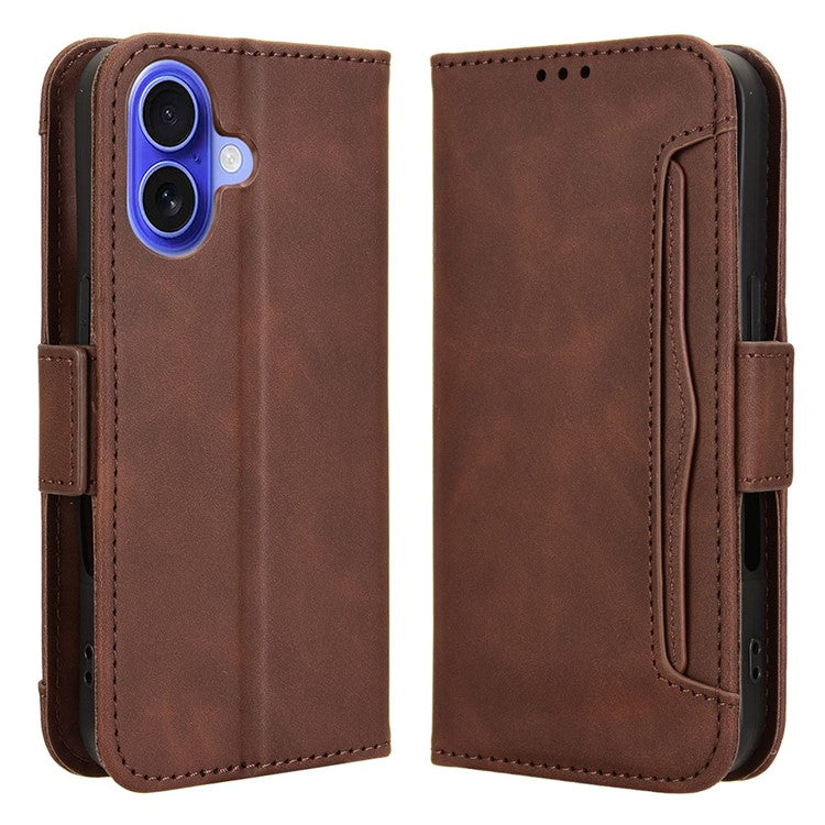 For iPhone 16 Leather Case Phone Wallet Cover with Multiple Card Slots - Brown