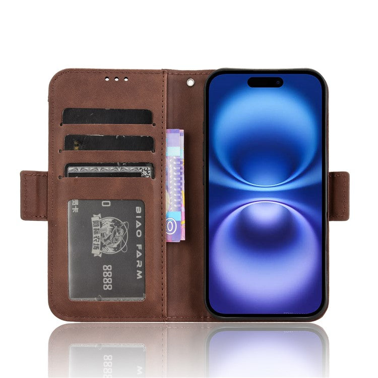For iPhone 16 Leather Case Phone Wallet Cover with Multiple Card Slots - Brown