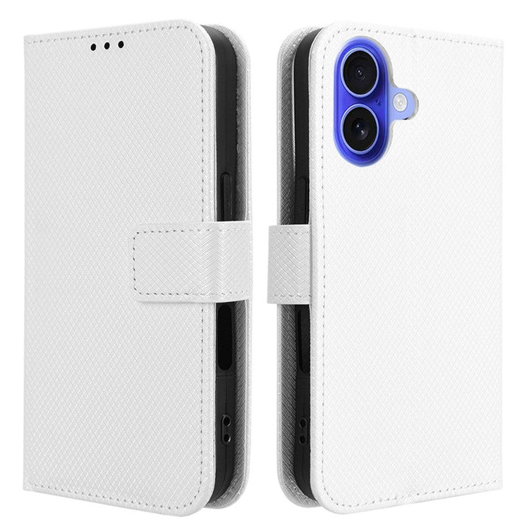 For iPhone 16 Plus Case PU Leather Diamond Texture Wallet Phone Cover - White