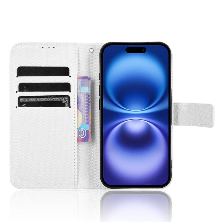 For iPhone 16 Plus Case PU Leather Diamond Texture Wallet Phone Cover - White
