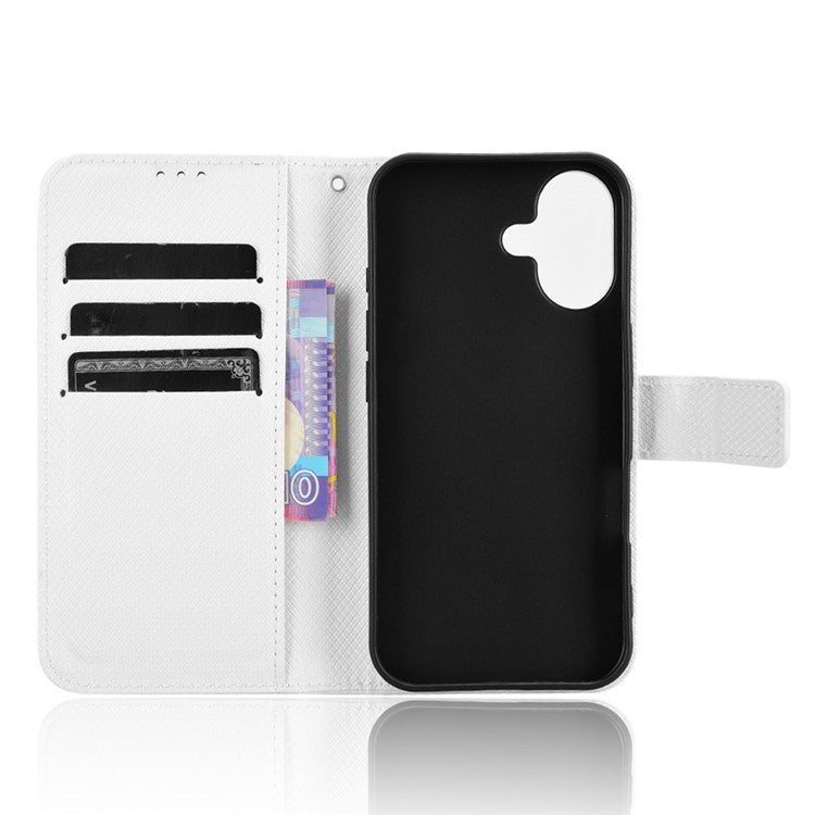 For iPhone 16 Plus Case PU Leather Diamond Texture Wallet Phone Cover - White