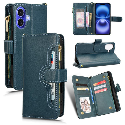 For iPhone 16 Plus Leather Case Zipper Pocket Phone Cover with 2 Straps - Green