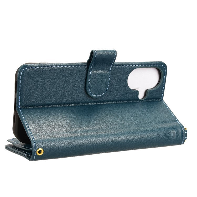 For iPhone 16 Plus Leather Case Zipper Pocket Phone Cover with 2 Straps - Green