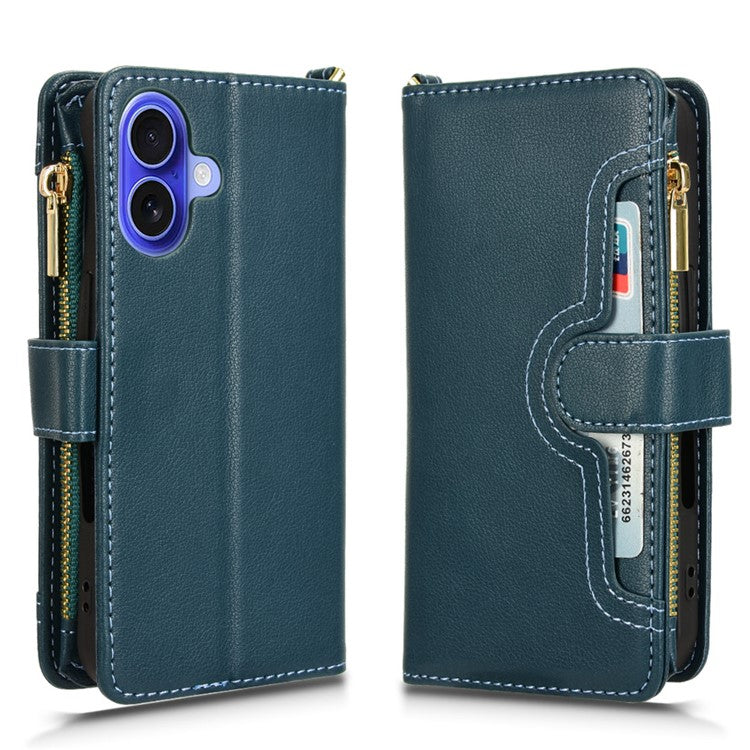 For iPhone 16 Plus Leather Case Zipper Pocket Phone Cover with 2 Straps - Green