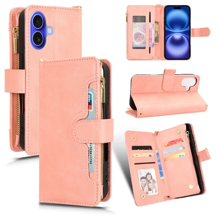 For iPhone 16 Leather Case Zipper Pocket Phone Cover with 2 Straps - Pink