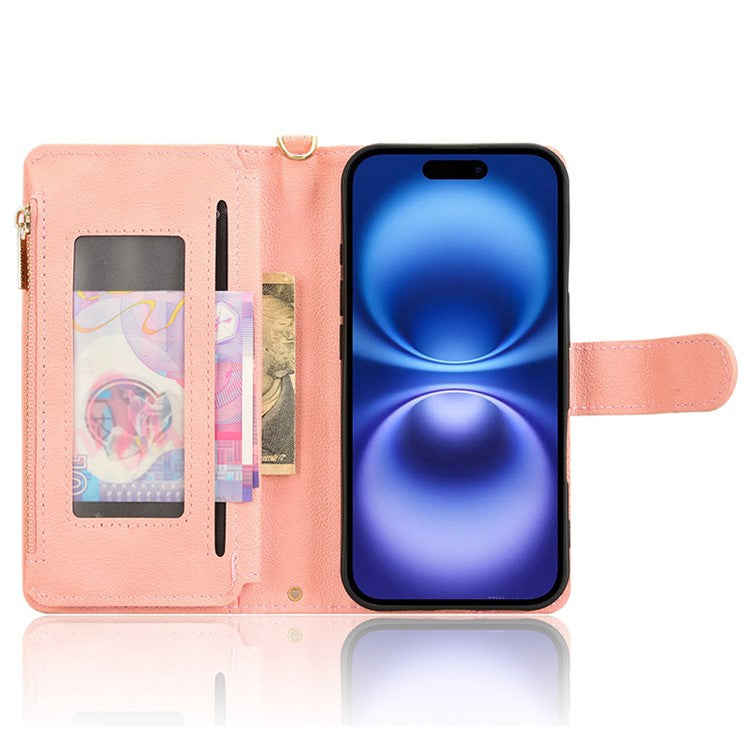 For iPhone 16 Leather Case Zipper Pocket Phone Cover with 2 Straps - Pink