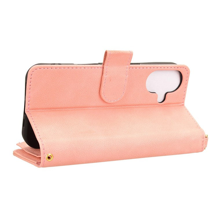 For iPhone 16 Leather Case Zipper Pocket Phone Cover with 2 Straps - Pink