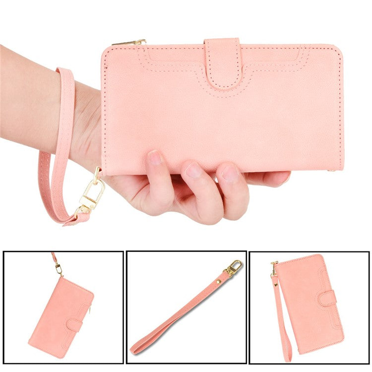 For iPhone 16 Leather Case Zipper Pocket Phone Cover with 2 Straps - Pink