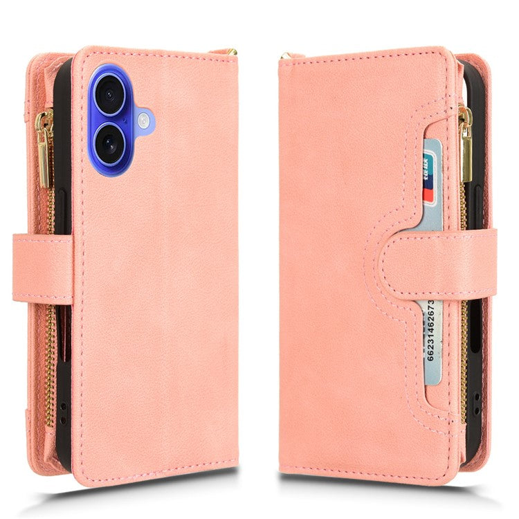 For iPhone 16 Leather Case Zipper Pocket Phone Cover with 2 Straps - Pink